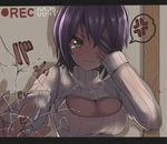  anger_vein breasts broken_glass brown_eyes cleavage cleavage_cutout dyson_(edaokunnsaikouya) eyepatch glass kantai_collection large_breasts letterboxed meme_attire open-chest_sweater purple_hair recording ribbed_sweater short_hair solo sweater tears tenryuu_(kantai_collection) turtleneck viewfinder wavy_mouth 