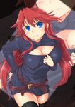  aty_(summon_night) bad_id bad_pixiv_id belt black_legwear blue_eyes blush breasts cleavage cleavage_cutout cleavage_reach cowboy_shot dress hand_on_ass kurogane_(blackxsilver) large_breasts leaning_forward long_hair looking_at_viewer meme_attire open-chest_sweater red_hair ribbed_sweater solo summon_night summon_night_3 sweater sweater_dress thighhighs very_long_hair wavy_mouth zoom_layer 