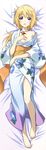  absurdres barefoot bed_sheet blonde_hair breasts charlotte_dunois d: dakimakura highres huge_filesize infinite_stratos japanese_clothes jewelry kimono legs long_legs lying medium_breasts necklace off_shoulder on_back open_mouth purple_eyes solo 