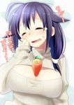  ahoge alternate_costume between_breasts blush breasts carrot cleavage cleavage_cutout closed_eyes hair_flaps hand_to_own_mouth kantai_collection large_breasts long_hair magatama meme_attire open-chest_sweater open_mouth purple_hair ribbed_sweater sexually_suggestive solo suzune_kotora sweat sweater taigei_(kantai_collection) tears translated turtleneck upper_body wavy_mouth 