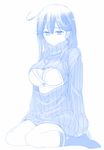  ankle_socks black_legwear blue bra cleavage_cutout himura_kiseki kantai_collection long_hair meme_attire monochrome open-chest_sweater oversized_clothes ribbed_sweater simple_background solo sweater turtleneck underwear ushio_(kantai_collection) white_bra 