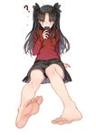  ? arm_support barefoot black_hair blue_eyes blush cellphone fate/stay_night fate_(series) feet full_body haijin hair_ribbon legs long_hair long_sleeves phone ribbon simple_background sitting skirt smartphone soles solo sweater toes toosaka_rin two_side_up white_background 