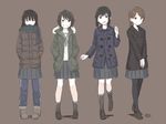  artist_name bangs black_hair blunt_bangs brown_background brown_hair coat dated double-breasted fubuki_(kantai_collection) full_body hands_in_pockets hatsuyuki_(kantai_collection) kantai_collection kawashina_(momen_silicon) loafers miniskirt miyuki_(kantai_collection) multiple_girls pants pants_under_skirt pantyhose pleated_skirt scarf school_uniform serafuku shirayuki_(kantai_collection) shoes short_hair sidelocks simple_background skirt smile 