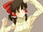 alternate_costume arm_up armpit_cutout armpits bad_id bad_pixiv_id bangs black_hair blush bow clenched_hands colored_eyelashes commentary frills frown grey_background hair_bow hair_tubes hakurei_reimu long_sleeves looking_to_the_side orange_eyes parody ponytail ribbed_sweater shiratama_(hockey) short_hair short_ponytail sidelocks simple_background solo sweater touhou turtleneck upper_body 
