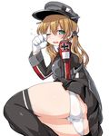  anchor_hair_ornament ass black_legwear blonde_hair blush dd_(ijigendd) gloves hair_ornament hat iron_cross kantai_collection long_hair long_sleeves looking_at_viewer military military_uniform one_eye_closed open_mouth panties peaked_cap prinz_eugen_(kantai_collection) rubbing_eyes simple_background sitting skirt sleepy solo thighhighs twintails underwear uniform white_gloves white_panties 
