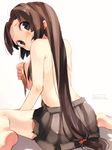  back barefoot blush breasts brown_eyes brown_hair brown_skirt covering_face from_behind kantai_collection large_breasts long_hair looking_at_viewer looking_back low-tied_long_hair pleated_skirt senbei_(senbe_i) shouhou_(kantai_collection) simple_background skirt solo topless white_background 
