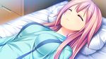  1girl bed breasts eyes_closed game_cg harvest_overray highres large_breasts long_hair lying nironiro pillow pink_hair sleeping smile solo tamaki_yuuka usume_shirou 