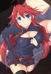  aty_(summon_night) belt black_legwear blue_eyes blush breasts cleavage cleavage_cutout cleavage_reach cowboy_shot dress hand_on_ass kurogane_(blackxsilver) large_breasts leaning_forward long_hair looking_at_viewer meme_attire open-chest_sweater red_hair revision ribbed_sweater solo summon_night summon_night_3 sweater sweater_dress thighhighs very_long_hair wavy_mouth zoom_layer 
