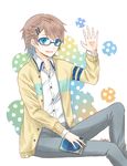 bespectacled blue_eyes book brown_hair cardigan glasses highres isaki_kaname jacket male_focus nagi_no_asukara solo waving whitebk 