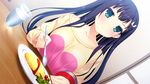  blush breasts cup eating food game_cg green_eyes hair_ornament hairclip harvest_overray highres large_breasts long_hair looking_at_viewer nironiro ouno_sumi purple_hair sitting solo spoon table usume_shirou 