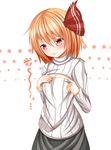  adapted_costume blonde_hair blush cleavage_cutout flat_chest hair_ribbon long_sleeves meme_attire open-chest_sweater red_eyes ribbed_sweater ribbon roro_(sghona10) rumia skirt solo sweater touhou turtleneck 