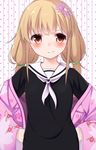  blonde_hair blush cosplay flat_chest flower futaba_anzu hair_flower hair_ornament hanayamata hands_on_hips idolmaster idolmaster_cinderella_girls japanese_clothes kimono long_hair looking_at_viewer polka_dot polka_dot_background ratsuku_kinoko red_eyes school_uniform serafuku smile solo striped striped_background sweatdrop upper_body vertical-striped_background vertical_stripes 