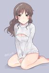  ashigara_(kantai_collection) blush bottomless breasts brown_eyes brown_hair cleavage_cutout fuji_fujino grey_background hairband hands_together kantai_collection long_hair looking_at_viewer meme_attire open-chest_sweater simple_background sitting small_breasts solo sweater turtleneck twitter_username wariza 