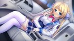  1girl blonde_hair blue_eyes blush bow bowtie breasts car car_interior game_cg harvest_overray highres large_breasts legs legs_crossed long_hair looking_at_viewer mikami_lilia motor_vehicle nironiro school_uniform sitting skirt smile solo thighs twintails usume_shirou white_legwear 