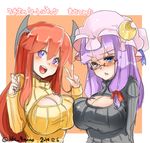  abi_(abimel10) asymmetrical_docking bespectacled blue_eyes breast_press breasts cleavage cleavage_cutout commentary_request crescent glasses hair_ribbon hat head_wings koakuma large_breasts long_hair looking_at_viewer meme_attire mob_cap multiple_girls open-chest_sweater patchouli_knowledge purple_eyes purple_hair red_hair ribbed_sweater ribbon sketch sweater touhou v 