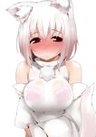  animal_ears blush bra breasts detached_sleeves inubashiri_momiji lace lace-trimmed_bra large_breasts looking_at_viewer pink_bra red_eyes see-through short_hair simple_background solo tail tera_zip touhou underwear white_background white_hair wolf_ears wolf_tail 
