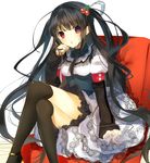  :o black_hair black_legwear blush cherry couch crossed_legs food fruit hair_ornament io_enishi lace lace-trimmed_skirt long_hair looking_at_viewer original red_eyes simple_background sitting skirt solo thighhighs very_long_hair white_background 