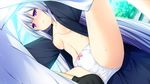  1girl areolae blush breasts cloud clouds embarrassed game_cg harvest_overray highres japanese_clothes legs long_hair navel nipples nironiro no_bra open_clothes panties purple_eyes sky small_breasts spread_legs sweat thighs underwear usume_shirou white_hair white_panties 