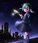 blue_eyes blue_hair boots building building_block cattail cityscape from_behind hat kanno_fumiroku kawashiro_nitori long_sleeves looking_at_viewer looking_back night night_sky plant rubber_boots shirt short_hair skirt skirt_set sky skyscraper solo star star_(sky) starry_sky touhou two_side_up 