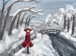  bare_tree boots bridge brown_legwear cloud cloudy_sky day footprints full_body hat kys_(k-k2) looking_to_the_side mountain nature plant red_eyes red_hair rice_hat river sekibanki short_hair skirt sky snow snowflakes snowing solo touhou tree walking water 