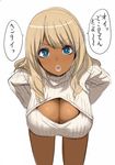  :o bad_id bad_twitter_id blonde_hair blue_eyes breasts cleavage cleavage_cutout dark_skin ganguro hands_on_hips highres inactive_account kloah large_breasts leaning_forward lips long_hair looking_at_viewer meme_attire open-chest_sweater open_mouth original ribbed_sweater simple_background sketch solo sweater translated turtleneck white_background 