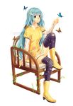  aaa_luna blue_eyes blue_hair boots borrowed_character bug butterfly full_body hair_ornament hairclip insect long_hair original rosuuri rubber_boots simple_background sitting solo thighhighs very_long_hair watermark web_address white_background 