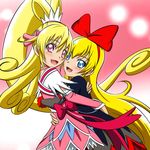  :d aida_mana arm_warmers blonde_hair blue_eyes bow cure_heart curly_hair dokidoki!_precure fuchi_(nightmare) hair_bow half_updo hug long_hair magical_girl multiple_girls open_mouth pink_background pink_bow pink_eyes pink_sleeves ponytail precure regina_(dokidoki!_precure) ribbon skirt smile 