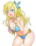  bikini blonde_hair blue_bikini blue_eyes blush boku_wa_tomodachi_ga_sukunai breasts butterfly_hair_ornament cleavage fang front-tie_top full-face_blush hair_ornament huge_breasts kashiwazaki_sena long_hair navel onsoku_maru open_mouth shiny shiny_skin side-tie_bikini simple_background solo swimsuit white_background 