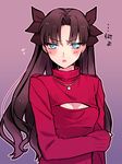  black_hair blue_eyes blush cleavage_cutout fate/stay_night fate_(series) meme_attire open-chest_sweater solo suga_(suga_suga) sweater toosaka_rin two_side_up 