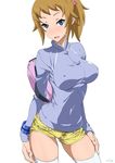  bangs blonde_hair blue_eyes bracelet breasts covered_nipples gundam gundam_build_fighters gundam_build_fighters_try hoshino_fumina jacket jewelry large_breasts long_sleeves looking_at_viewer open_mouth scrunchie short_hair short_shorts shorts signature solo standing suna track_jacket white_background white_legwear 