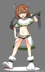  absurdres alternate_costume anchor black_panties blush brown_eyes brown_hair capelet feathers full_body grey_background hair_feathers hair_ornament hand_on_hip highres ikazuchi_(kantai_collection) kantai_collection looking_at_viewer max_melon navel over_shoulder panties paw_shoes shoes short_hair showgirl_skirt simple_background skull skull_hair_ornament smile solo twitter_username underwear 