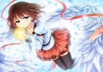  angel_wings bad_id bad_pixiv_id black_legwear blue_eyes blurry bridal_gauntlets brown_hair c: depth_of_field detached_sleeves highres looking_at_viewer original ribbon shikitani_asuka short_hair solo thighhighs wings zettai_ryouiki 