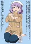  black_legwear breasts cleavage cleavage_cutout hand_on_own_chest hat highres large_breasts letty_whiterock meme_attire millipen_(medium) naked_sweater open-chest_sweater plump poinikusu purple_eyes purple_hair ribbed_sweater seiza sitting smile solo sweater thighhighs touhou traditional_media translation_request turtleneck waist_cutout zettai_ryouiki 