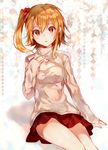  bad_id bad_pixiv_id breasts chocoan cleavage_cutout hand_on_own_chest heart heart_necklace kagerou_project kisaragi_momo looking_at_viewer meme_attire open-chest_sweater orange_eyes orange_hair ribbed_sweater short_hair side_ponytail sitting skirt small_breasts solo sweater turtleneck 