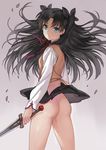  ass black_hair blue_eyes breasts cowboy_shot dagger fate/stay_night fate_(series) from_behind haijin homurahara_academy_uniform looking_back no_legwear no_panties pleated_skirt ribbon school_uniform skirt small_breasts solo toosaka_rin two_side_up weapon wind wind_lift 