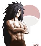  abs big_hair black_hair crossed_arms hair_over_one_eye long_hair male_focus muscle naruto naruto_(series) red_eyes sharingan shirtless solo taikyokuturugi uchiha_madara very_long_hair 