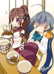  @_@ ahoge belly bowl brown_hair detached_sleeves eating food full_stomach gyuudon hair_ribbon hands_on_own_stomach headgear highres imu_sanjo kantai_collection kiyoshimo_(kantai_collection) long_hair low_twintails multiple_girls o3o pleated_skirt ponytail purple_eyes ribbon rice_bowl school_uniform silver_hair sitting skirt smile sparkle twintails yamato_(kantai_collection) 
