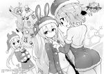  4girls :d anchor_symbol animal_costume animal_ears animal_hat antlers arm_up ass ayanami_(azur_lane) azur_lane backless_dress backless_outfit bangs bare_shoulders bell blush box bra breasts bunny_ears bunny_hat christmas christmas_tree closed_mouth collarbone commentary_request detached_sleeves dress dressing dutch_angle eyebrows_visible_through_hair fake_facial_hair fake_mustache food fruit fur-trimmed_dress fur-trimmed_sleeves fur_trim gift gift_box gloves grapes greyscale hair_between_eyes hat holding holding_gift hood hood_up hori_(hori_no_su) javelin_(azur_lane) ladder laffey_(azur_lane) long_hair long_sleeves looking_at_viewer looking_back medium_breasts monochrome multiple_girls navel open_clothes open_dress open_mouth panties reindeer_antlers reindeer_costume sack santa_costume santa_hat sidelocks small_breasts smile sparkle standing standing_on_one_leg star sweat underwear very_long_hair z23_(azur_lane) 