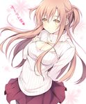  asuna_(sao) breasts brown_eyes brown_hair cleavage cleavage_cutout itoichi. long_hair looking_at_viewer medium_breasts meme_attire open-chest_sweater pleated_skirt ribbed_sweater skirt smile solo sweater sword_art_online translated 