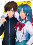  1girl blue_hair bow brown_eyes brown_hair bufm chidori_kaname full_metal_panic! jindai_high_school_uniform long_hair sagara_sousuke scar school_uniform sweat yellow_eyes 