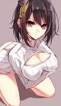  alternate_costume aosaki_yukina black_hair breast_hold breasts cleavage cleavage_cutout grey_background headgear kantai_collection kneeling large_breasts looking_at_viewer meme_attire open-chest_sweater red_eyes ribbed_sweater short_hair sketch solo sweater turtleneck yamashiro_(kantai_collection) 