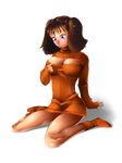  blush breasts brown_hair cleavage cleavage_cutout cleavage_reach diane_(nanatsu_no_taizai) dress highres large_breasts long_hair meme_attire nanatsu_no_taizai open-chest_sweater orange_shirt purple_eyes ribbed_sweater shirt sitting socks solo sweater sweater_dress twintails uozumi_hiroaki wariza 