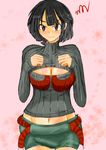  absurdres black_hair blush breasts cleavage cleavage_cutout denim denim_shorts higana_(pokemon) highres kakiiro_(takuya) large_breasts meme_attire midriff open-chest_sweater pokemon pokemon_(game) pokemon_oras red_eyes ribbed_sweater short_hair shorts solo sweater turtleneck 