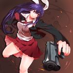  animal_ears breasts bunny_ears extra_ears gun handgun holding holding_gun holding_weapon jacket large_breasts lavender_hair long_hair looking_away m1911 necktie pistol red_eyes red_neckwear reisen_udongein_inaba shirt skirt smile solo syn touhou trigger_discipline weapon 