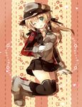  blonde_hair gloves green_eyes hat kamioto_musu kantai_collection long_hair one_eye_closed peaked_cap prinz_eugen_(kantai_collection) smile solo twintails uniform 