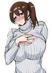  alternate_costume blush breasts brown_hair cleavage cleavage_cutout jewelry kaga_(kantai_collection) kantai_collection large_breasts looking_at_viewer meme_attire necklace niu_ju_(orange_bull) open-chest_sweater ribbed_sweater ring short_hair side_ponytail solo sweater turtleneck 