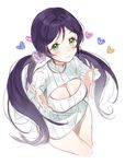  bad_id bad_twitter_id blush bottomless breast_hold breasts cleavage cleavage_cutout from_above green_eyes heart jewelry large_breasts long_hair love_live! love_live!_school_idol_project low_twintails macciatto_(aciel02) meme_attire necklace open-chest_sweater purple_hair ribbed_sweater simple_background smile solo sweater toujou_nozomi turtleneck twintails very_long_hair 