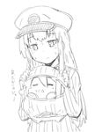  battleship_hime chibi cleavage_cutout closed_eyes female_admiral_(kantai_collection) greyscale hat highres horns kantai_collection long_hair meme_attire monochrome open-chest_sweater peaked_cap puchimasu! ribbed_sweater shinkaisei-kan sketch sweat sweater translated triangle_mouth yuureidoushi_(yuurei6214) 