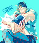  blonde_hair blue_eyes hat hood hoodie johnny_joestar jojo_no_kimyou_na_bouken male_focus nail_polish pointing signature solo star star_print steel_ball_run takashi_(huzakenna) 