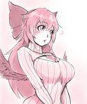  ? between_breasts bow breasts cleavage cleavage_cutout gem hair_bow large_breasts long_hair meme_attire mini_wings monochrome open-chest_sweater reiuji_utsuho ribbed_sweater solo sweater teatime_(mike) touhou turtleneck v_arms 